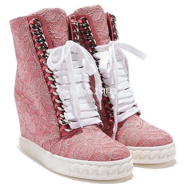 

brand round toe mesh lace wedge short boots pink black metal chains lace-up inside heels ankle booties boots