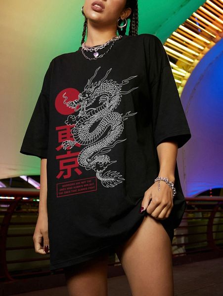 

drop shoulder chinese dragon print oversized tee t7ih#, White
