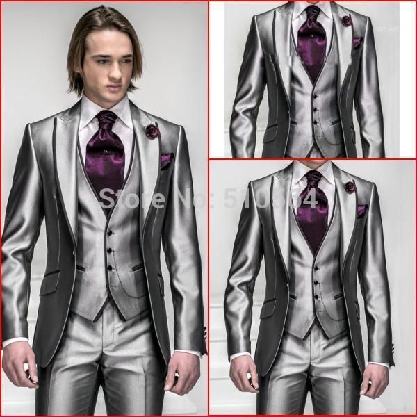 

custom made bright silver tuxedos with black line on the collar and vest bright light grey suit(jacket +pants+vest+tie)1, White;black