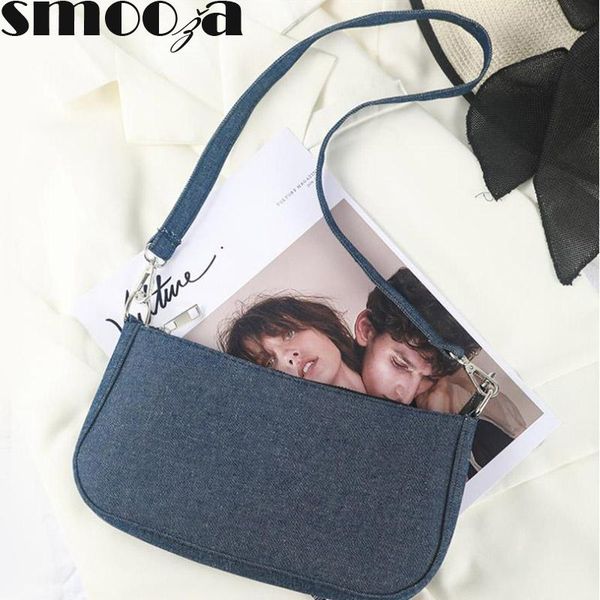 

cross body smooza women one shoulder messenger bag fashion 2021 denim underarm handbags blue solid color mini bags