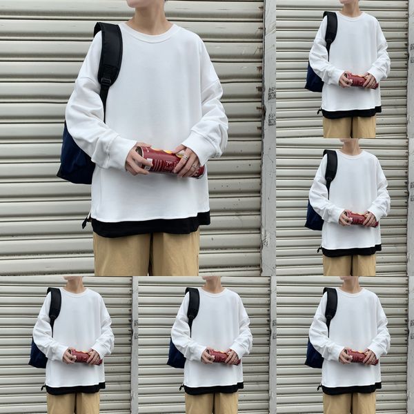 

большой размер поддельные из двух частей мужского свитера 2020 пуловер sweatertop sweatert осенью новый корейский сплошной цвет вокруг шеи п, Black