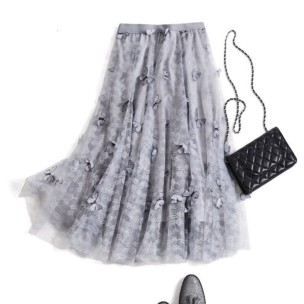 

2021 new 3d butterfly women chiffon skirts embroidery floweral mesh pleated 3 layers long tulle tutu skirt jupe longue elmd, Black
