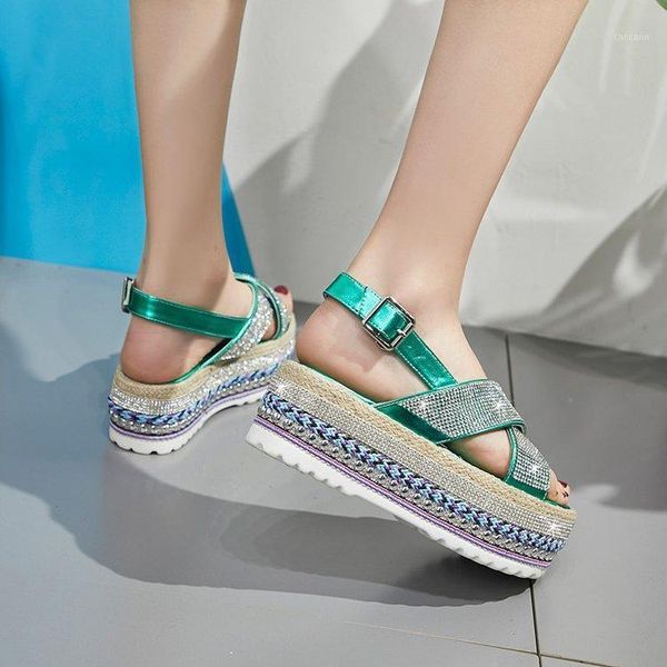 

2020 new summer wild fashion rhinestone muffin thick bottom roman sandals women1, Black