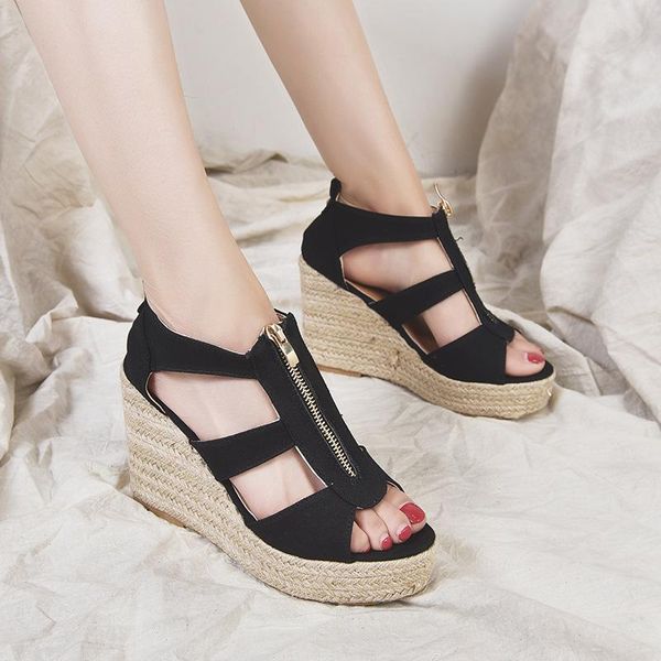 

women's wedges shoes high heel platform thick bottom comfortable slippers ladies rope zipper fish mouth sandals female size 43, Black