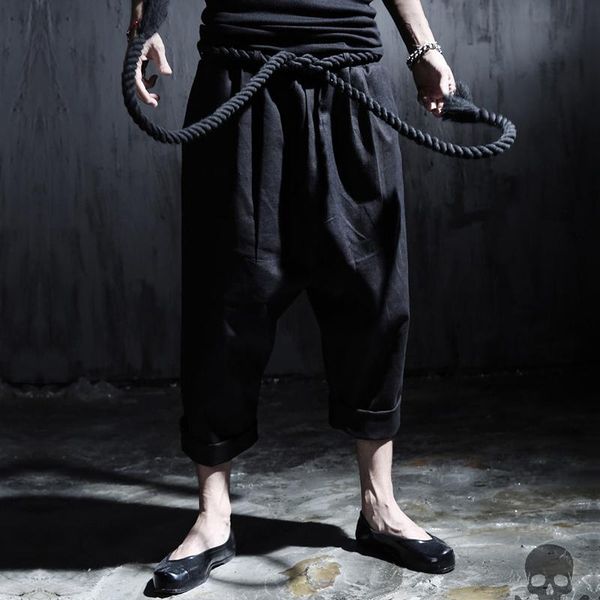 

nice autumn england style men hip hop unique thick waist rope linen harem pants men casual loose black baggy pants joggers