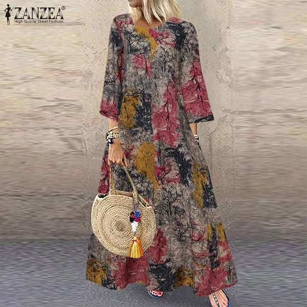

zanzea women floral printed sundress 2021 spring vintage o neck 3/4 sleeve party long dress casual kaftan vestido plus size 7 y0118, Black;gray
