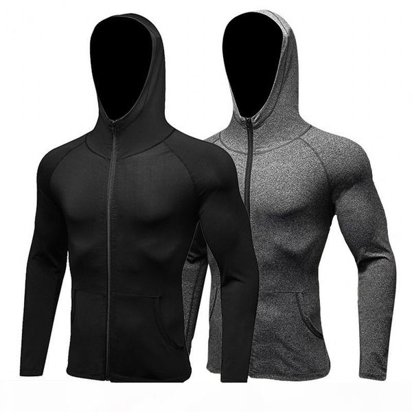

long sleeve sport shirt men hat+zipper running t-shirts gym sports clothing sport men's sportswear quick-drying jacket, Black;brown