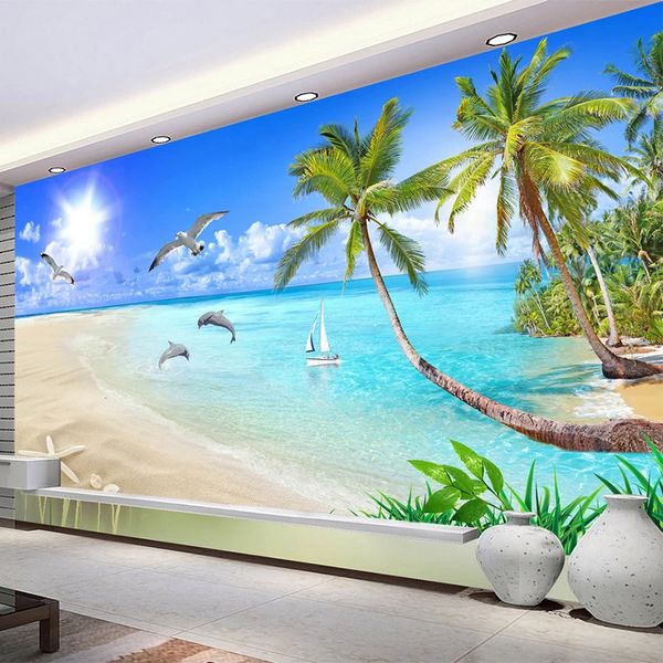 Paisagem costume 3D Mural moderna Praia de coco Mar árvore Photo Wallpaper Sala TV Sofa Hotel adesivos de parede à prova d'água