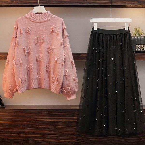 

women 2021 autumn fashion two-piece sets female o-neck solid color knitted sweater ladies mesh mid-long skirts suits q247, Gray