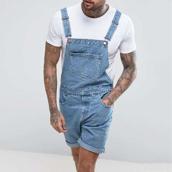

plus size denim overalls men casual streetwear slim fit sleeveless strap denim jumpsuit for men hip ripped jeans for h40, Blue