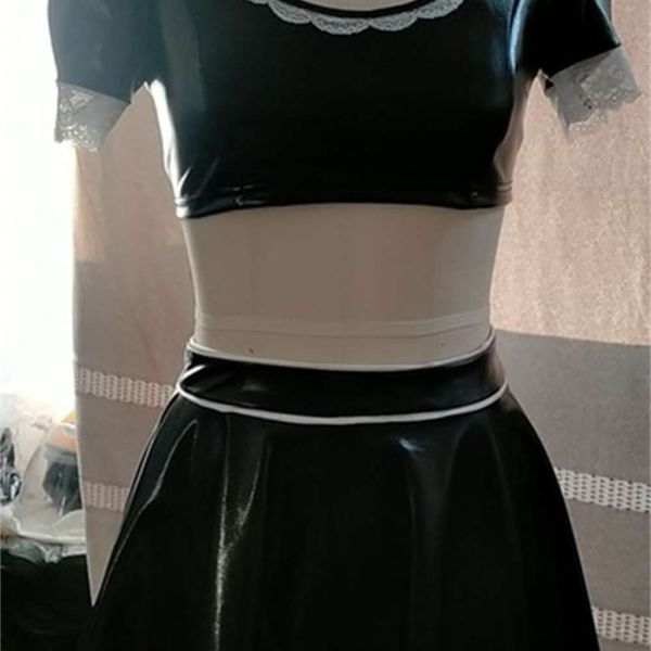 

large size underwear black leather short sleeve stitching lace and skirt two piece performance suit, Black;white