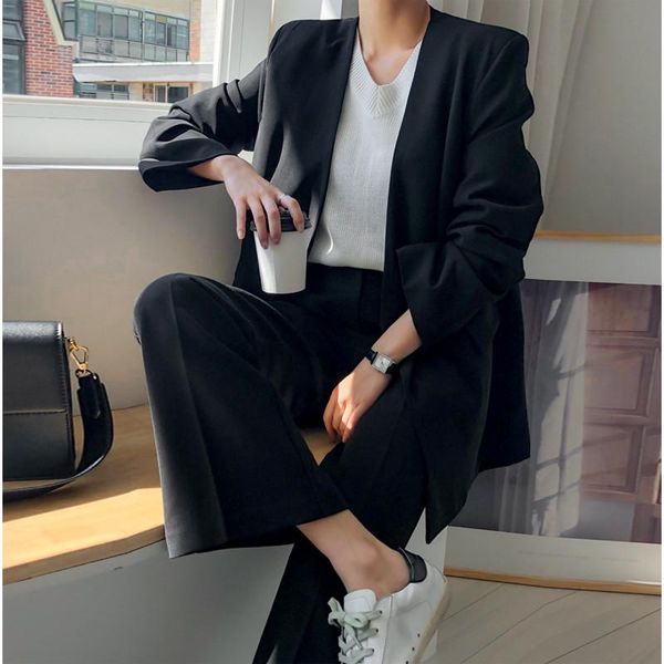 

loose autumn street suit business black vintage working formal suit women two piece office wear conjuntos womens clothing eg50xf, White