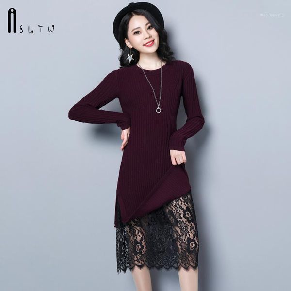 

asltw long sweater dress for women new fashion plus size long sleeve lace hem lady's sweater solid o neck pullover dress1, White;black