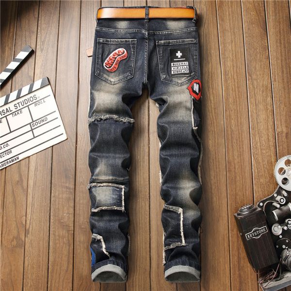 

pierced jeans men's bae patch punk embroidery, Blue