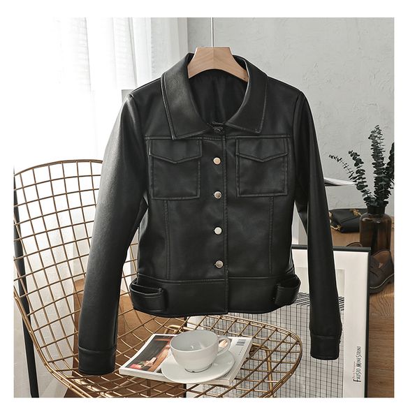 

2021 new nova mulheres jaquetas fino feminino curto falso couro das senhoras jaqueta de preto plutnio leahter 71ul, Black