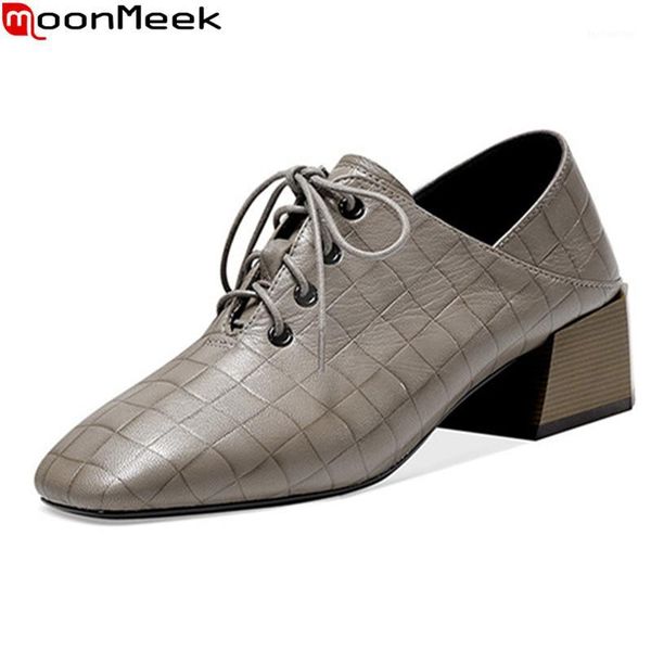 

dress shoes moonmeek 2021 arrival fashion women pumps genuine leather office thick heels square toe lace up ladies shoes1, Black