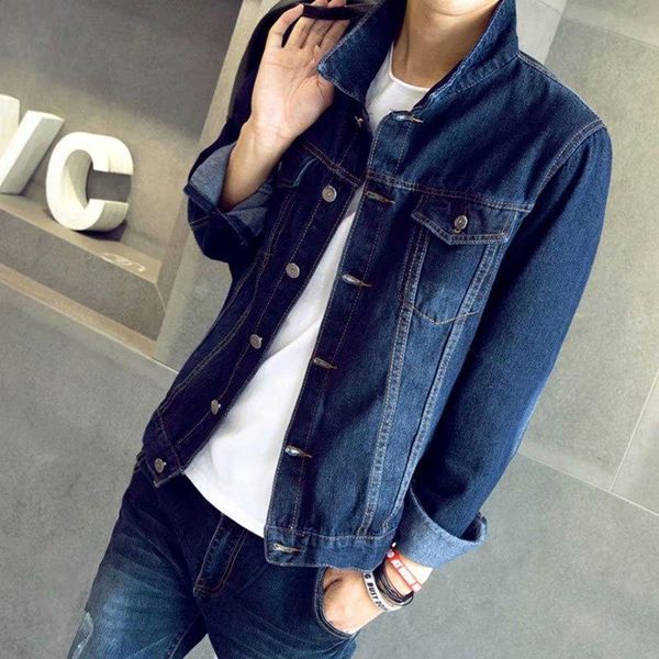 

2020 men spring and autumn handsome slim fit cowboy jacket teenager solid color fold-down collar denim jacket, Black;brown