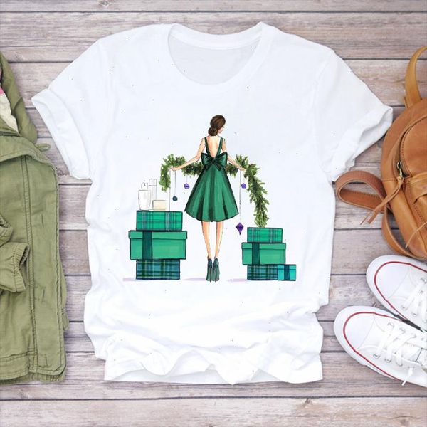 

women christmas girl lady cute winter cartoon clothes holiday print lady tshirt ladies graphic t shirts female tee t shirt, White
