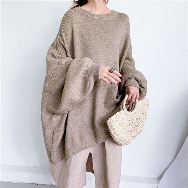 

lanmrem 2020 autumn new fashion solid color round neck pullover bat sleeve large size long knit sweater women lj201127, White;black
