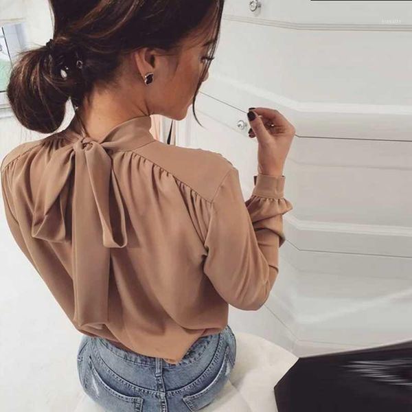 

women casual back bow bandage blouse solid stand collar long sleeve shirts 2020 new fashion autumn elegant office ladies blouse1, White