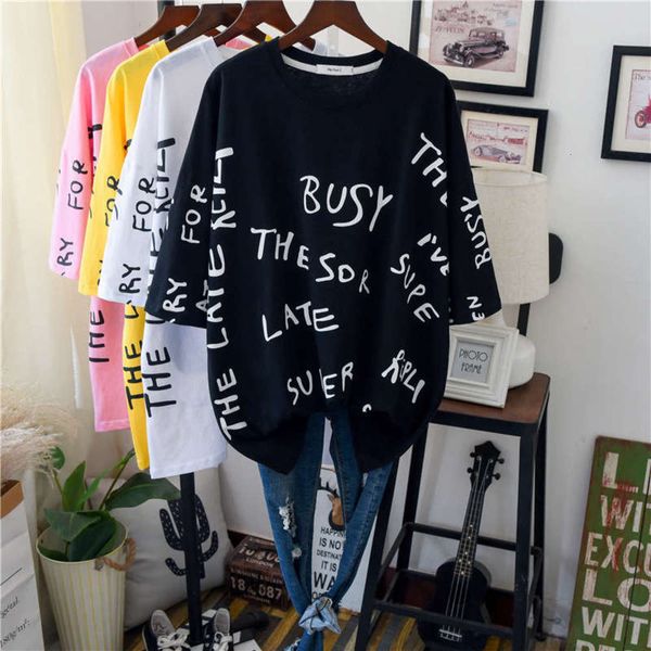 

t western style t-shirt women's fashion letter round neck large lazy wind loose short sleeve lower garment missing, Black;gray