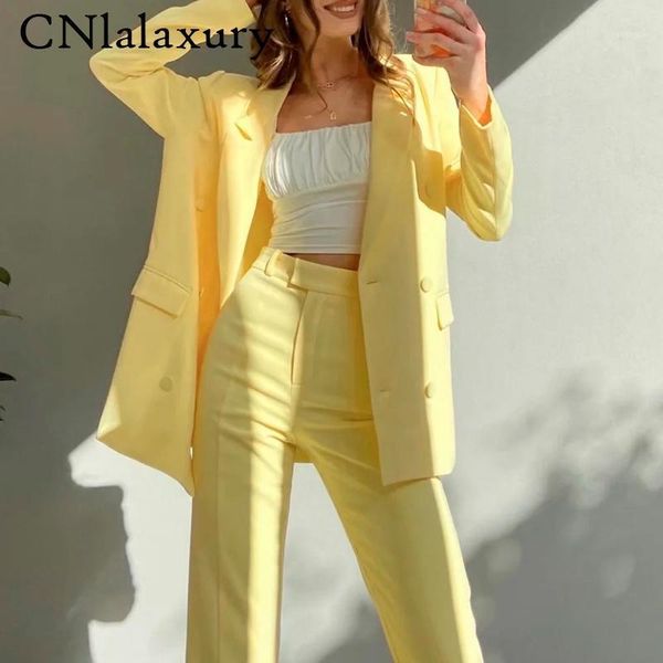 

new casual women vintage pant suits notched collar double breasted blazer jacket & pencil pant yellow female suit autumn 20211, White