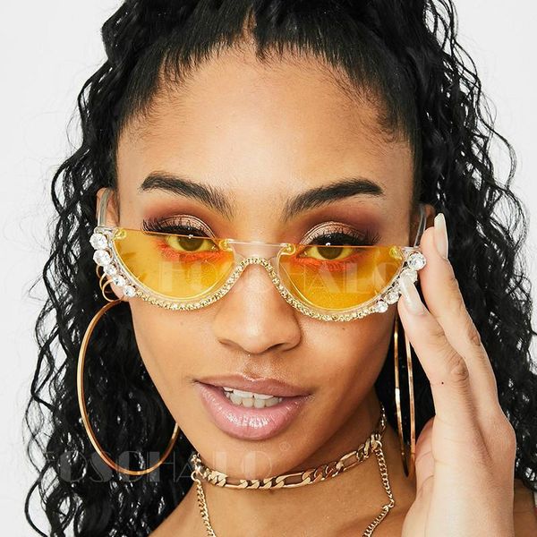 

sunglasses diamond cat eye women 2021 semi-rimless sun glasses designer crystal frame rhinestone eyewear oculos, White;black