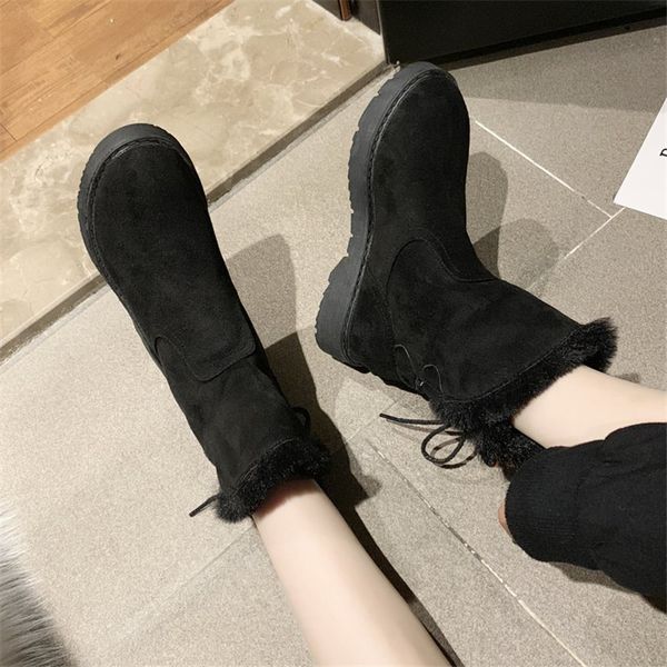 

2021 new women snow girl warm skin solid leather behind lace winter mujer boots u0b7, Black