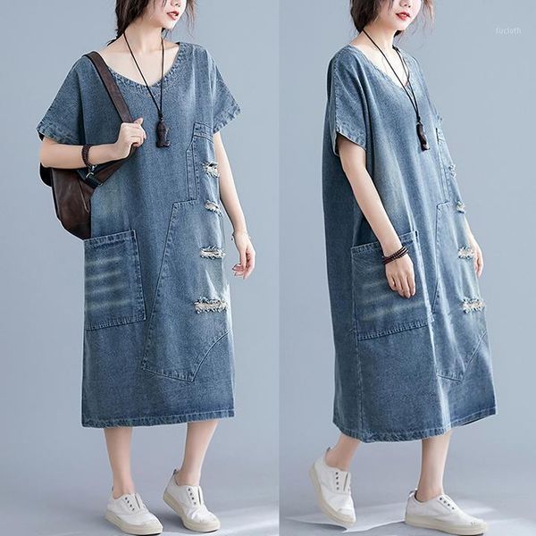 

#0403 summer v neck denim dress women holes vintage patchwork big pockets ripped jeans plus size loose retro dresses ladies1, Black;gray