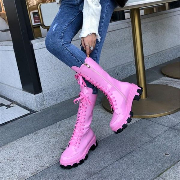 

pxelena 2020 candy color women combat motorcycle boots genuine patent leather chunky heels platform autumn shoes pink red, Black