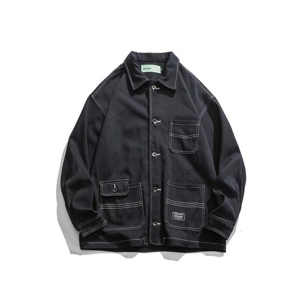 

yi dao vintage 2021 spring loose-fit multi-pockets fold-down collar jacket men trend -style washing workwear coat, Black