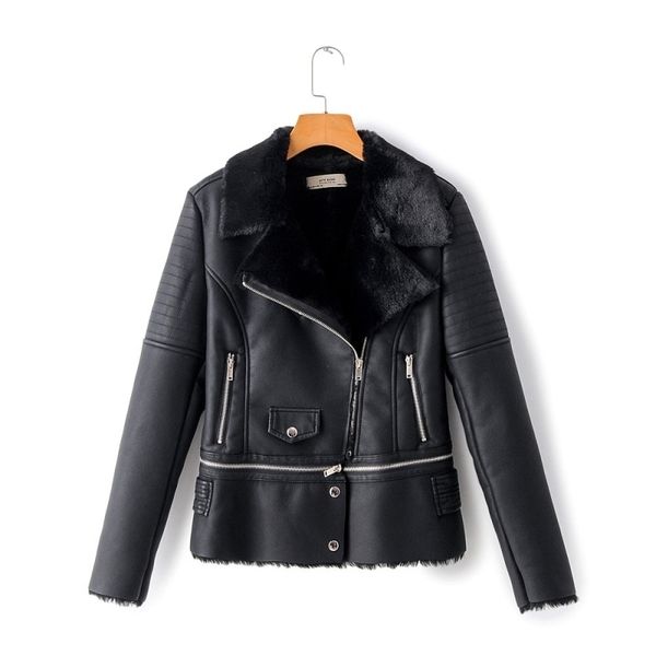 

fashion ladies pu leather jacket winter women fashion fur collar jacket female faux leather coat moto style girls coats 201030, Black