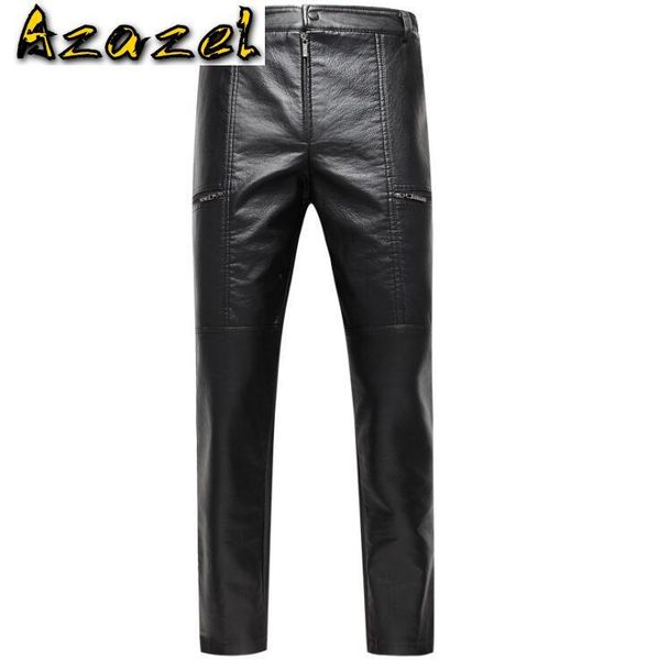 

men's pants fashion stitching slim motorcycle leather korean men business casual trousers mens pencil, Black