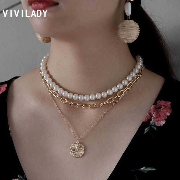 

vivilady imitation pearl choker necklace multilay alloy chain chic round medal pendant for lady party jewelry, Golden;silver