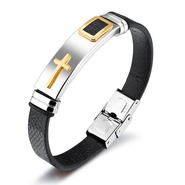 

charm bracelets european and american titanium steel men's leather wild nightclub tide cross 3-ph1156, Golden;silver