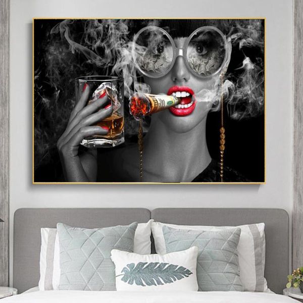 

modern abstract canvas painting art fashion girl burning money smoking with glass poster and print wall picture home decoration