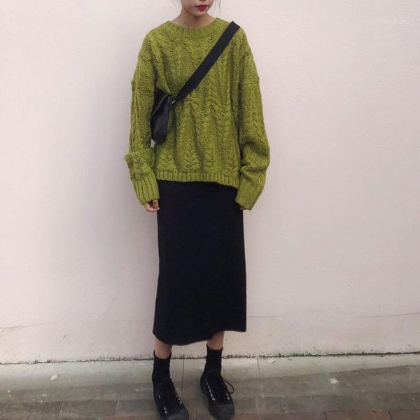 

women autumn two piece set retro twist round neck loose knit sweater pullover pure color long skirt suit female clothes outfits1, Gray