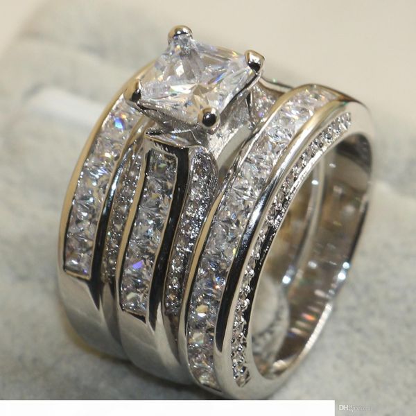 

sz 5-11 victoria wieck women luxury jewelry 7mm princess cut white sapphire simulated diamond gem 925 sterling silver wedding 3in1 band ring