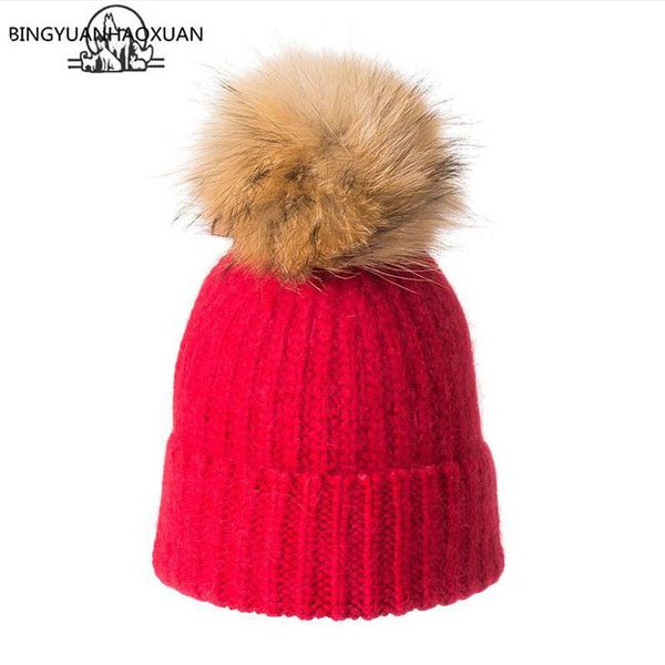 

beanies real fur winter hat raccoon pom for women brand thick girls caps knitted cap wholesale 2021