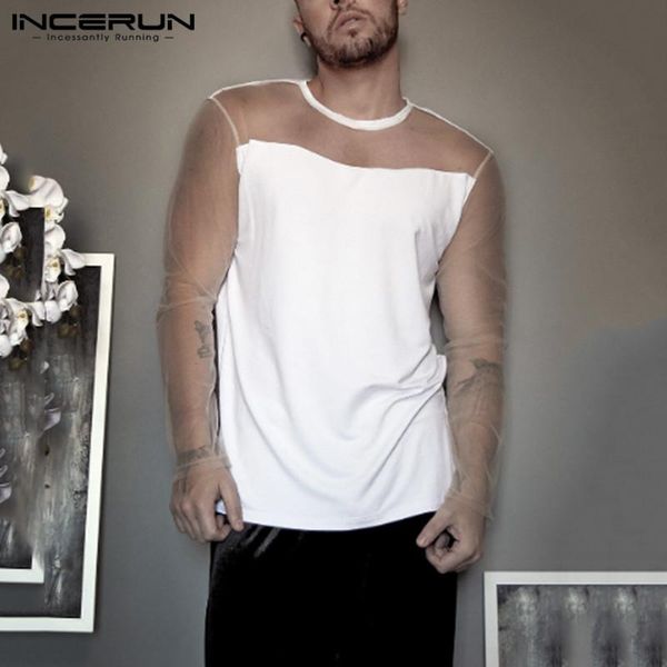 

men t shirt mesh patchwork 2021 transparent streetwear long sleeve camisetas fashion party nightclub men t-shirts incerun, White;black