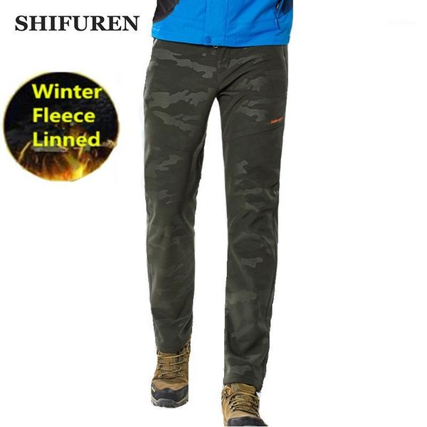 

shifuren winter men's hiking pants camouflage outdoor camping ski climbing pants waterproof windproof fleece softshell trousers1, Black;green