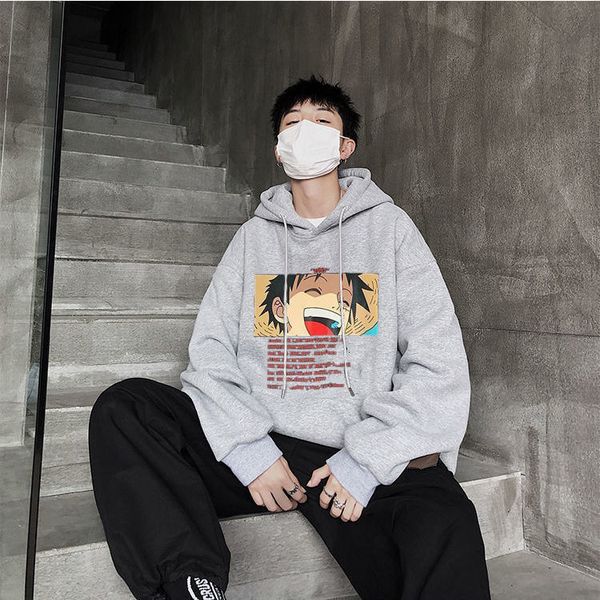 

2021 a play king autumn winter hood male nightgown more velvet trend coat kong style animation jacket g7nw, Black