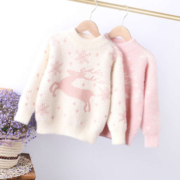 

fawn jacquard mink cashmere girls 2020 winter new wear children's thickened sweater 120-150, Blue