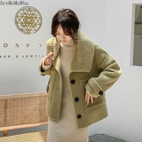 

women's fur & faux aremomuwha winter sheep shearing coat ladies lapel loose korean version of the grain wool women mh469, Black