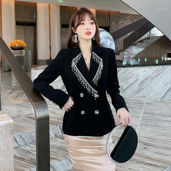 

women's suits & blazers arrival fashion women casual england style double-breasted turn-down collar tassel black slim work wild trend b, White;black