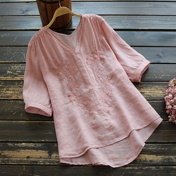 

2021 vintage summer women's embroidery blouse solid tunic casual short sleeve shirts women v-neck pullover shirt, White
