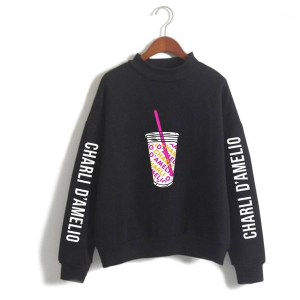 

high collar sweatshirt d'amelio cyber celebrity dancers 2020 printed harajuku women/men casual turtlenecks1, Black