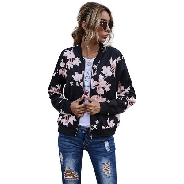 

women long sleeve o-neck bomber jacket stand collar zipper up short outwear floral printed lightweight coat, Black;brown