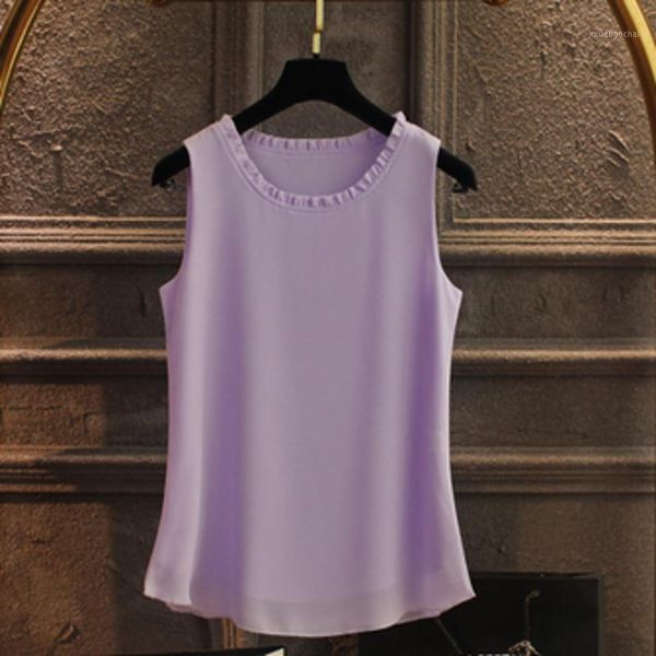 

21 colors 2020 summer fashion vest blusas casual loose sleeveless ladies shirt fold solid ruffle chiffon blouse women v8861, White