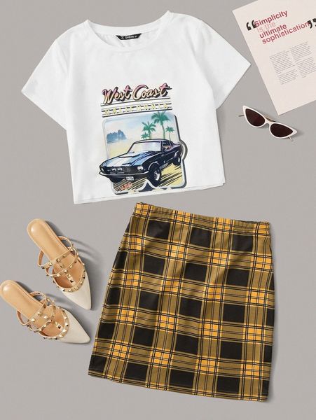 

letter graphic & plaid skirt set q63g#, White